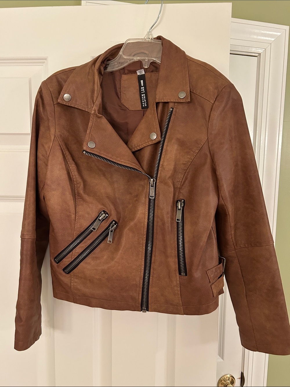 Faux Leather Moto Jacket - Brown